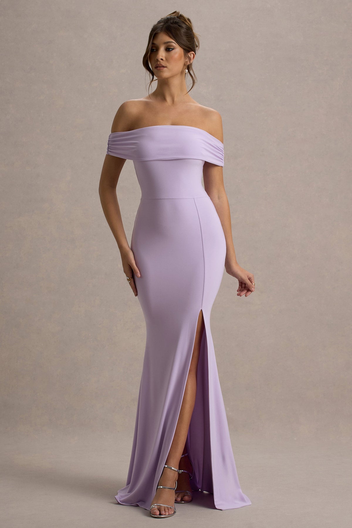 Law of Attraction | Fliederfarbenes Bardot-Maxikleid mit Drapierung und Schlitz