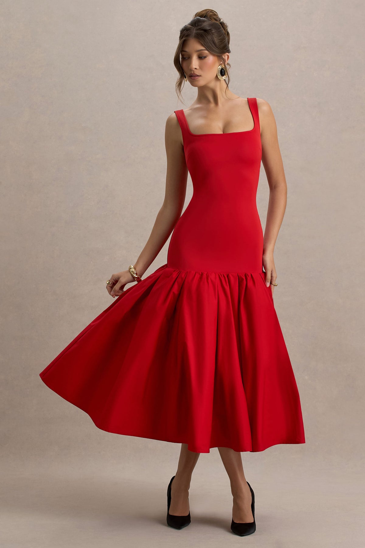 Parida | Rotes Popeline-Midikleid mit tiefer Taille und Schößchensaum