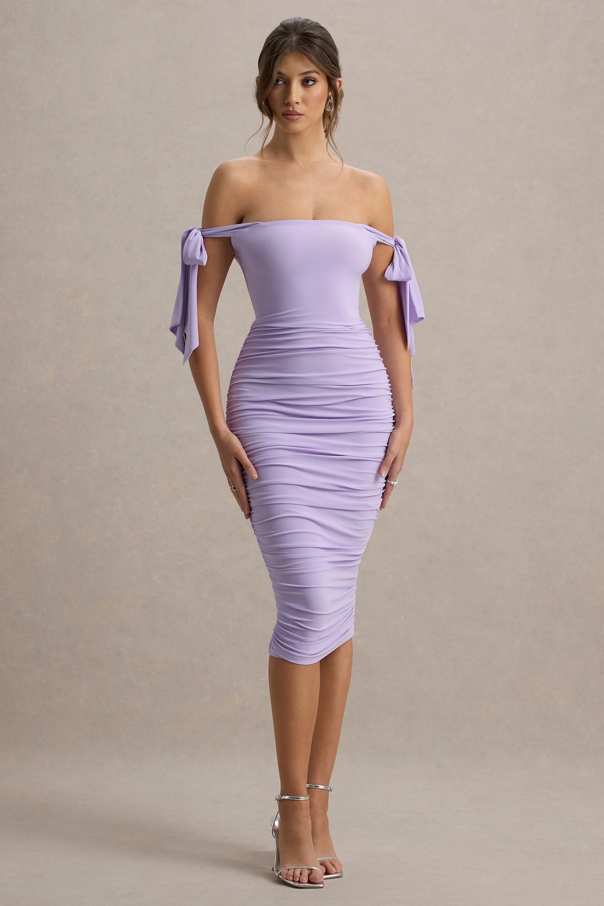 Citrus | Fliederfarbenes Bardot Bodycon Midi-Kleid mit Schleifenärmeln