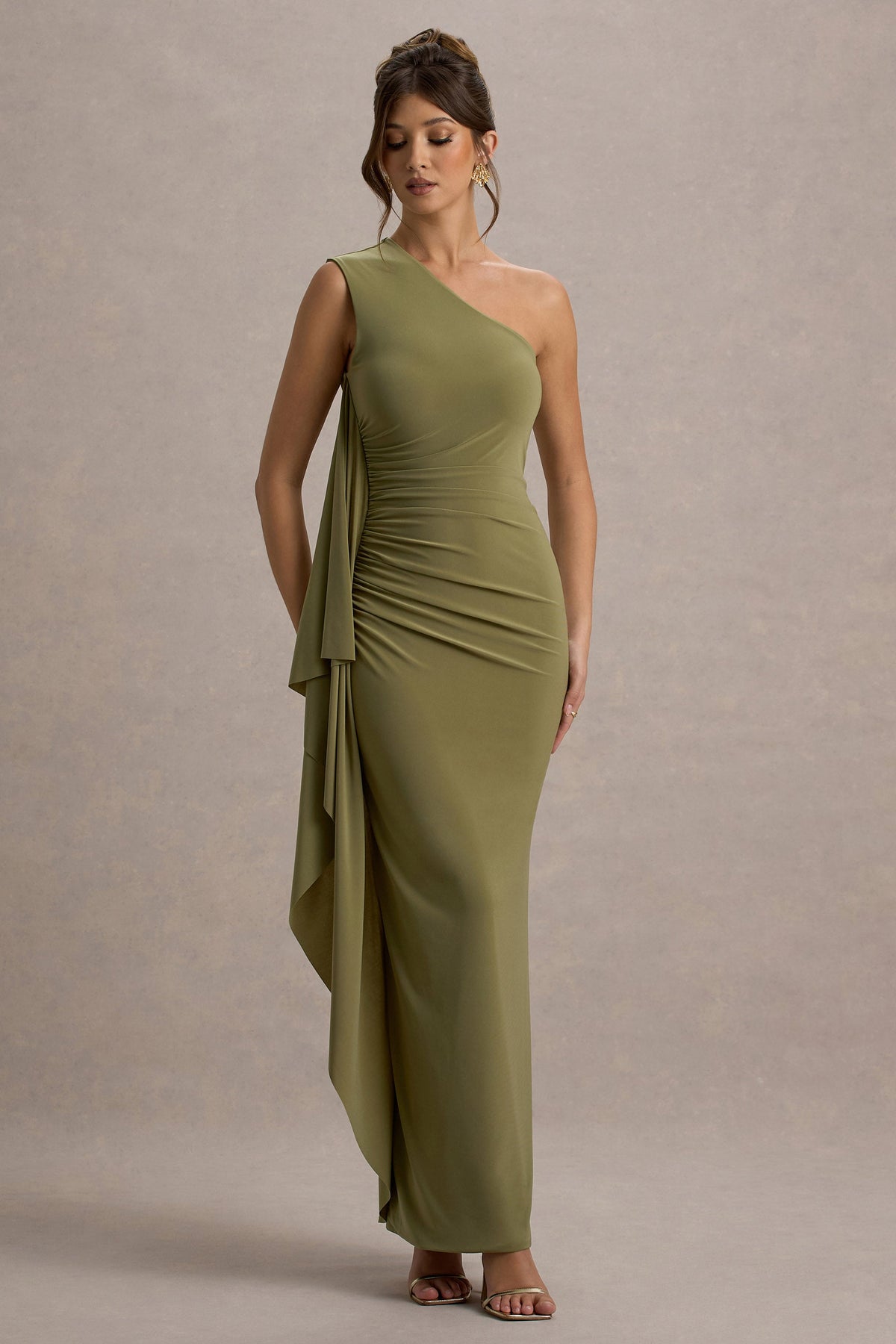 Adelina | Olives One-Shoulder-Maxikleid mit Drapierung