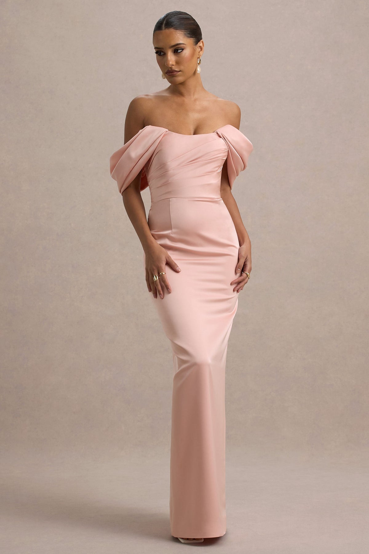 Annita | Hellrosa Satin-Bardot-Maxikleid