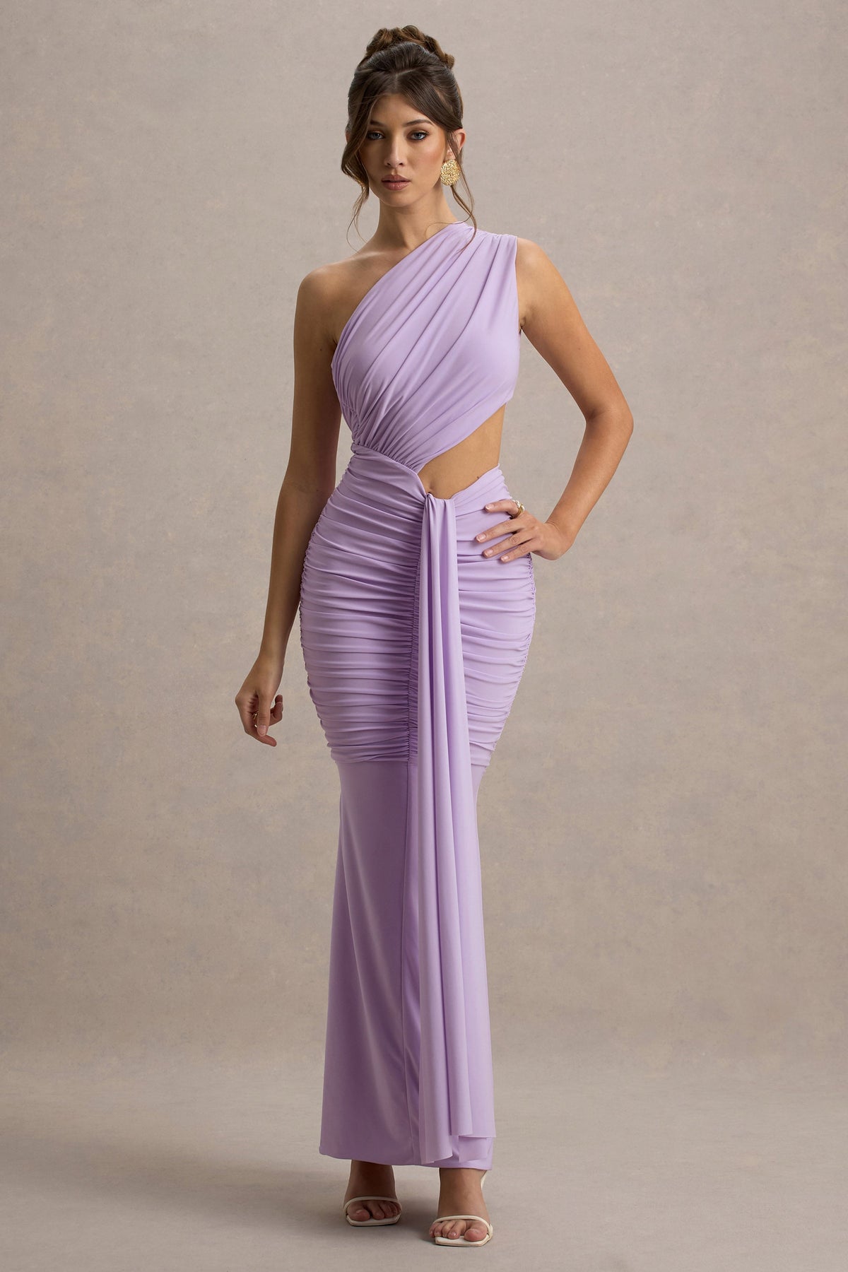 Beline | Lavendelfarbenes Ein-Schulter-Maxikleid mit Cut-Out und Drapierung