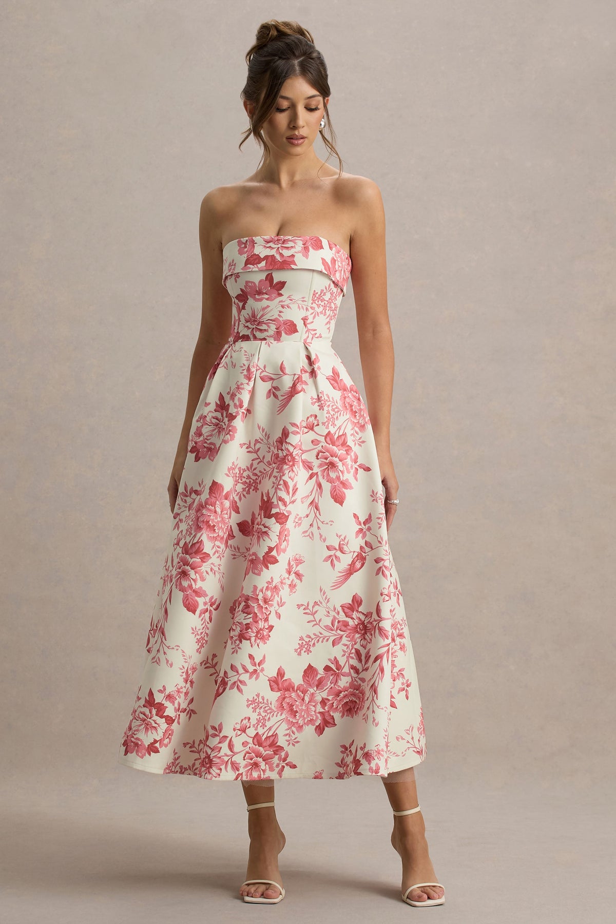 Annalise | Rosa Bandeau-Skater-Midikleid mit Porzellanprint