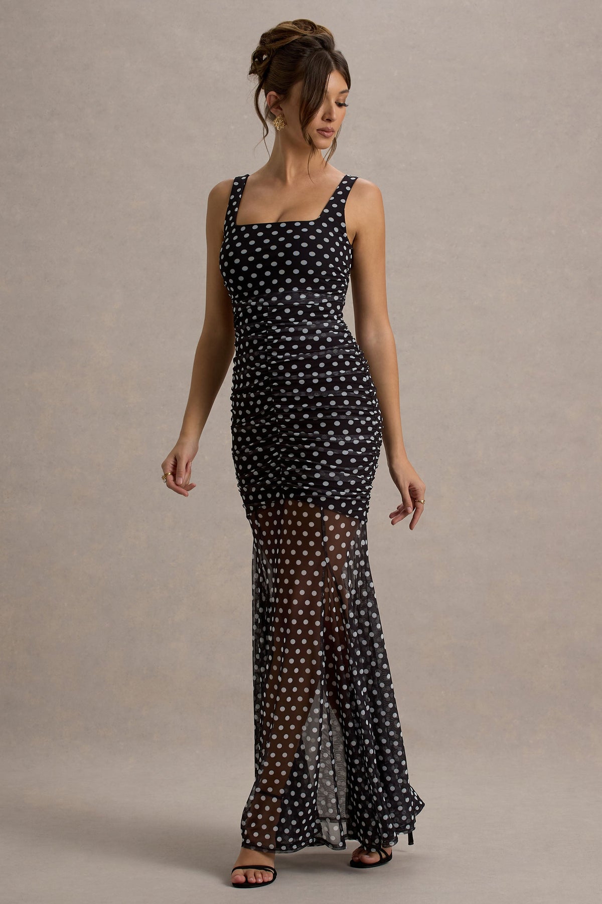 Galaxia | Schwarz-weißes Maxikleid mit Polka-Dots und Netzrock