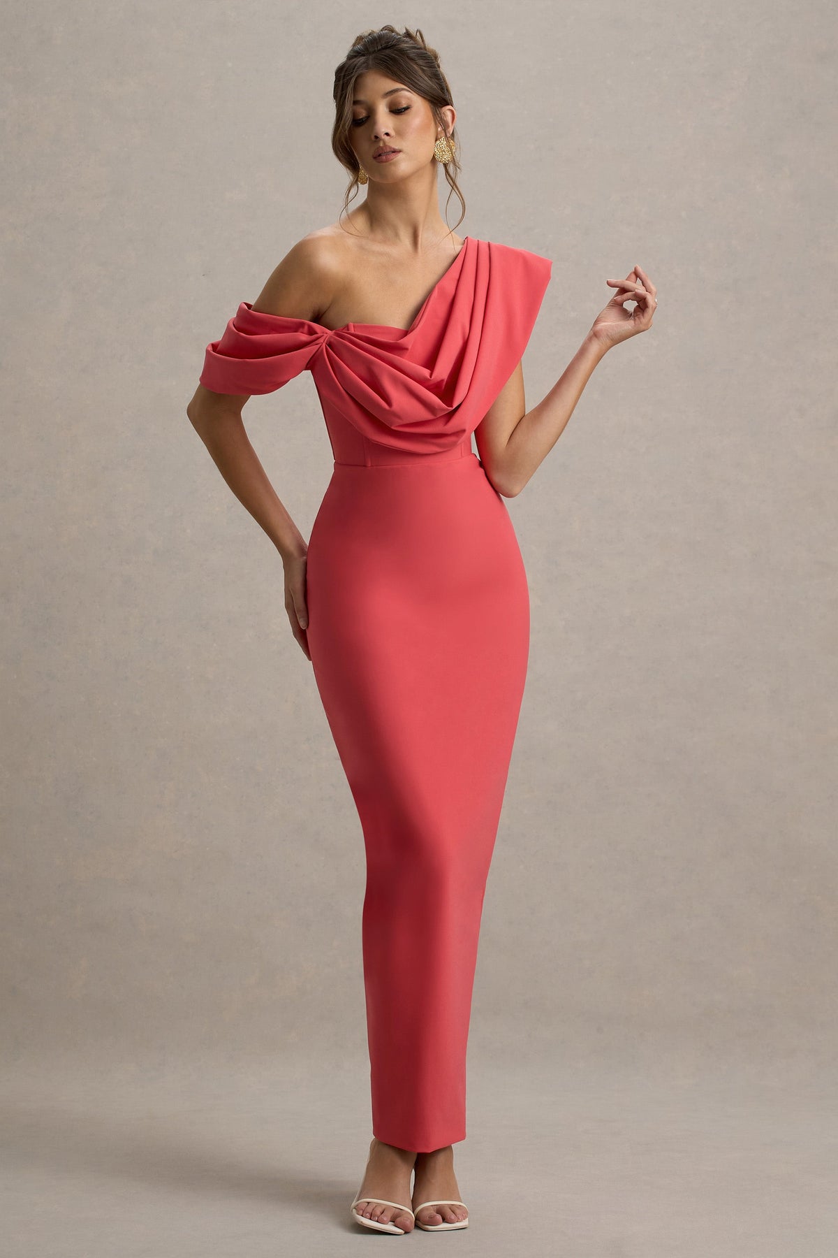 Angelina | Rosa Maxikleid mit drapierter Schulter