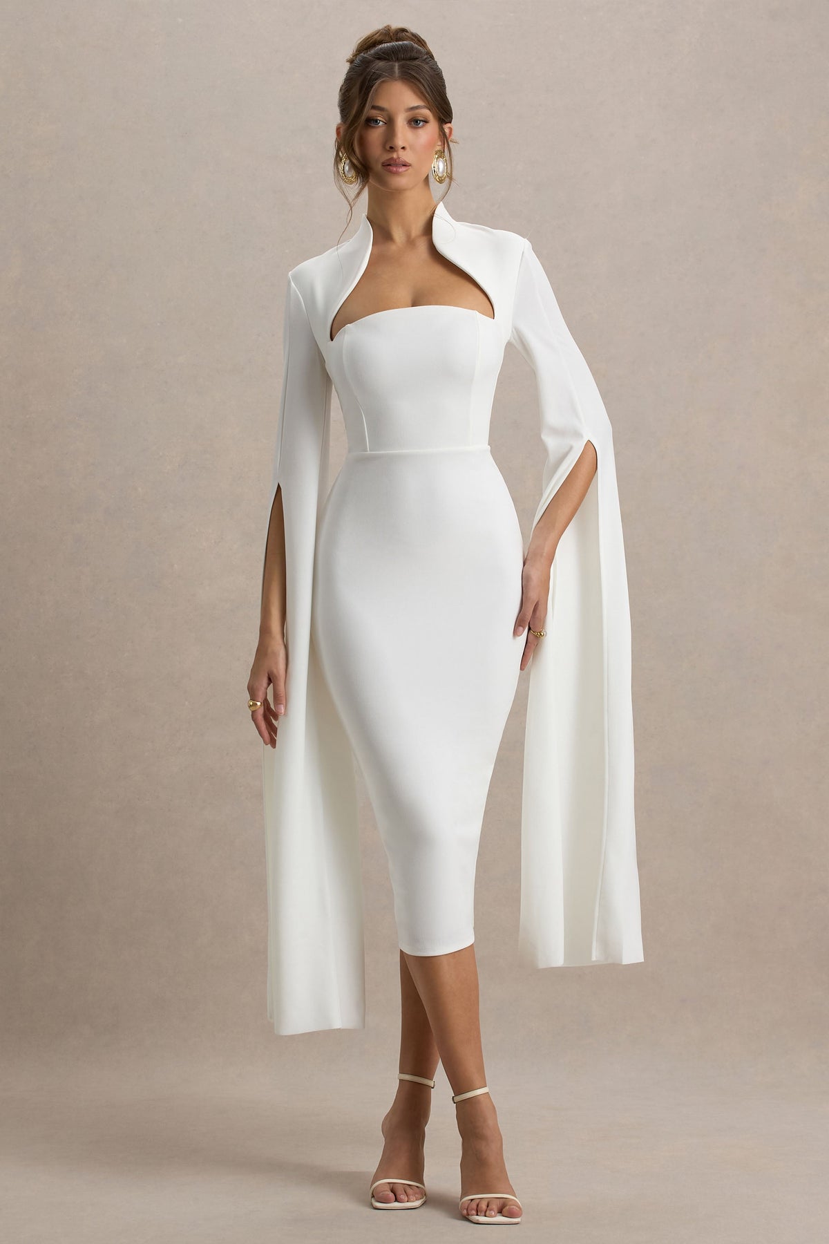 Linden | Weißes Bodycon-Midikleid mit Cape-Ärmeln