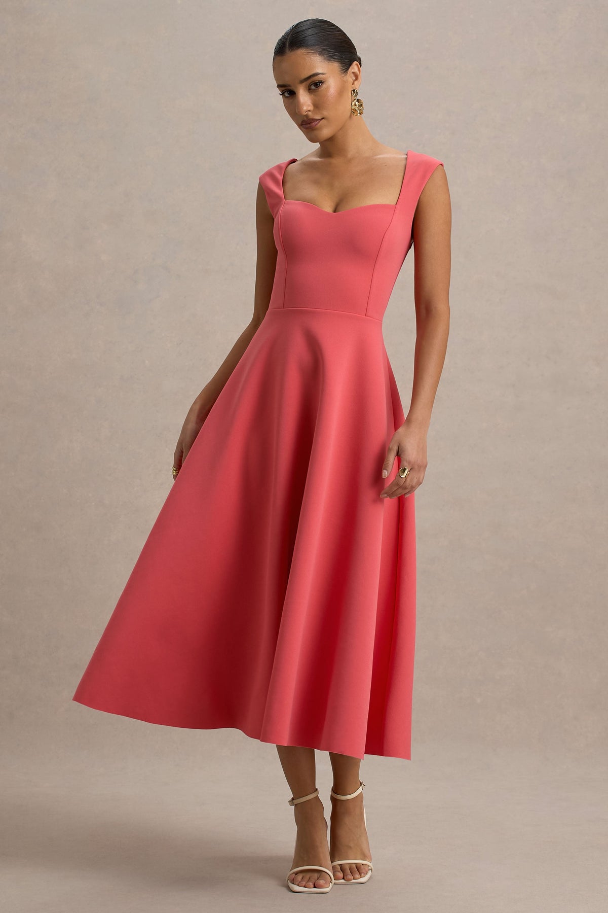 Andromeda | Coralrotes Midikleid mit Herzausschnitt
