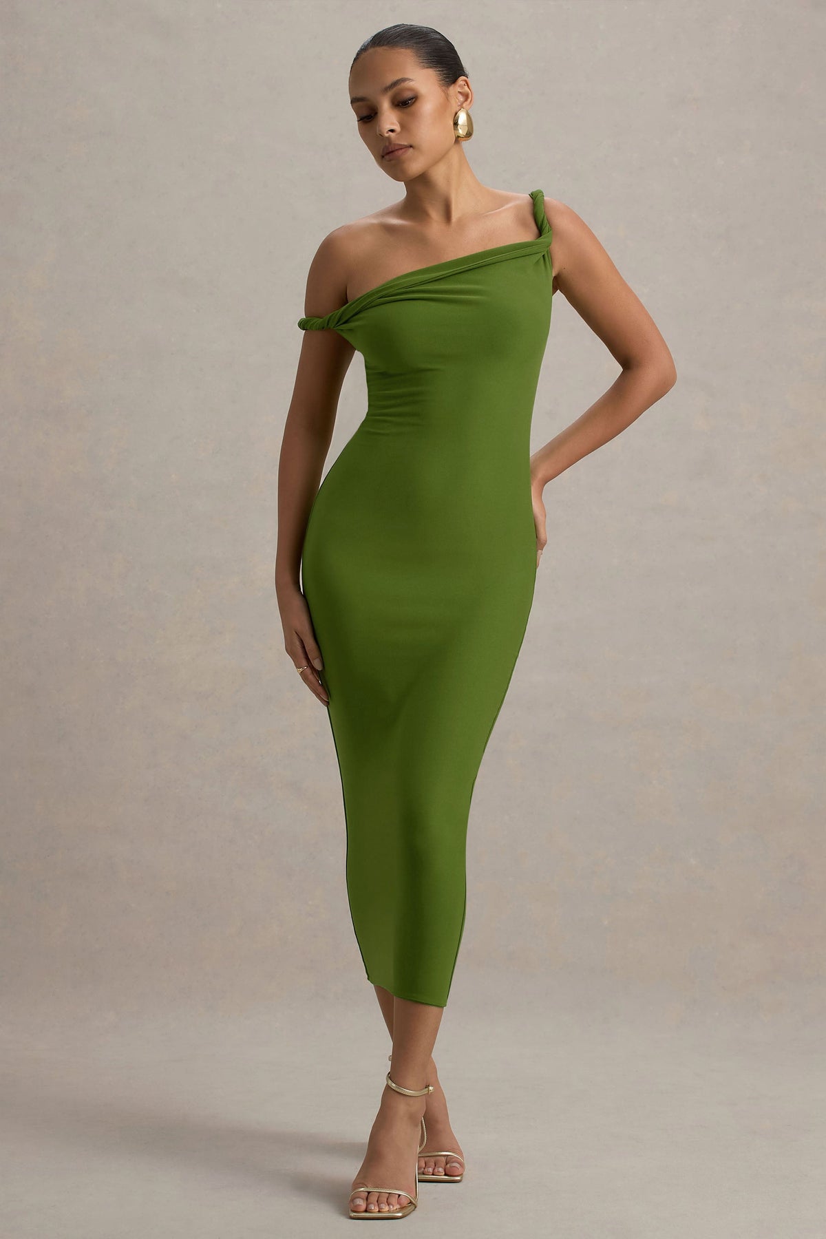 Salome | Grünes Asymmetrisches Midikleid mit verdrehten Details