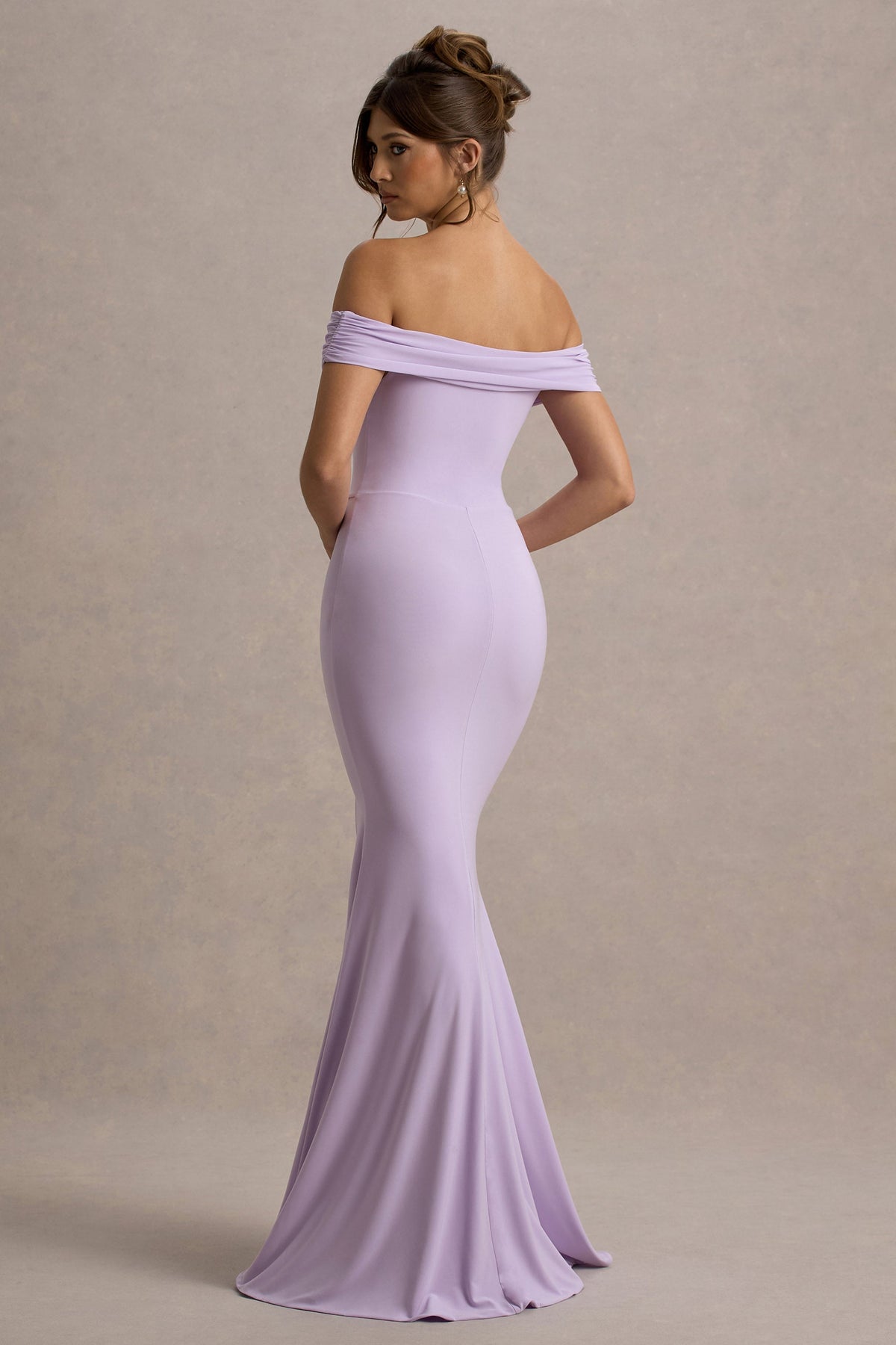 Law of Attraction | Fliederfarbenes Bardot-Maxikleid mit Drapierung und Schlitz
