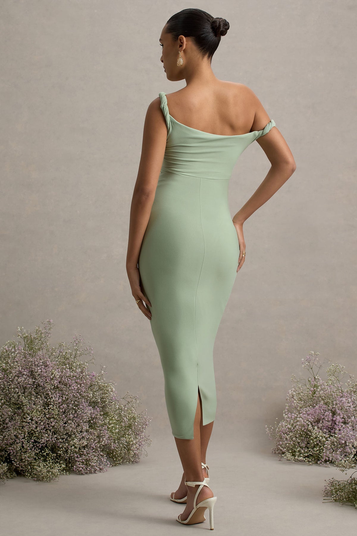 Salome | Hellgrünes, asymmetrisches, gedrehtes Umstands-Midikleid