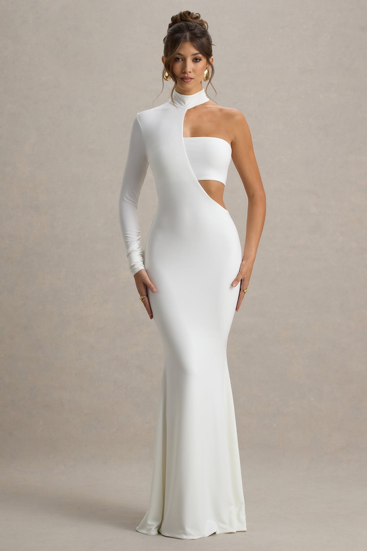 Socialite | Weißes Maxikleid mit einer Schulter und Cut-out