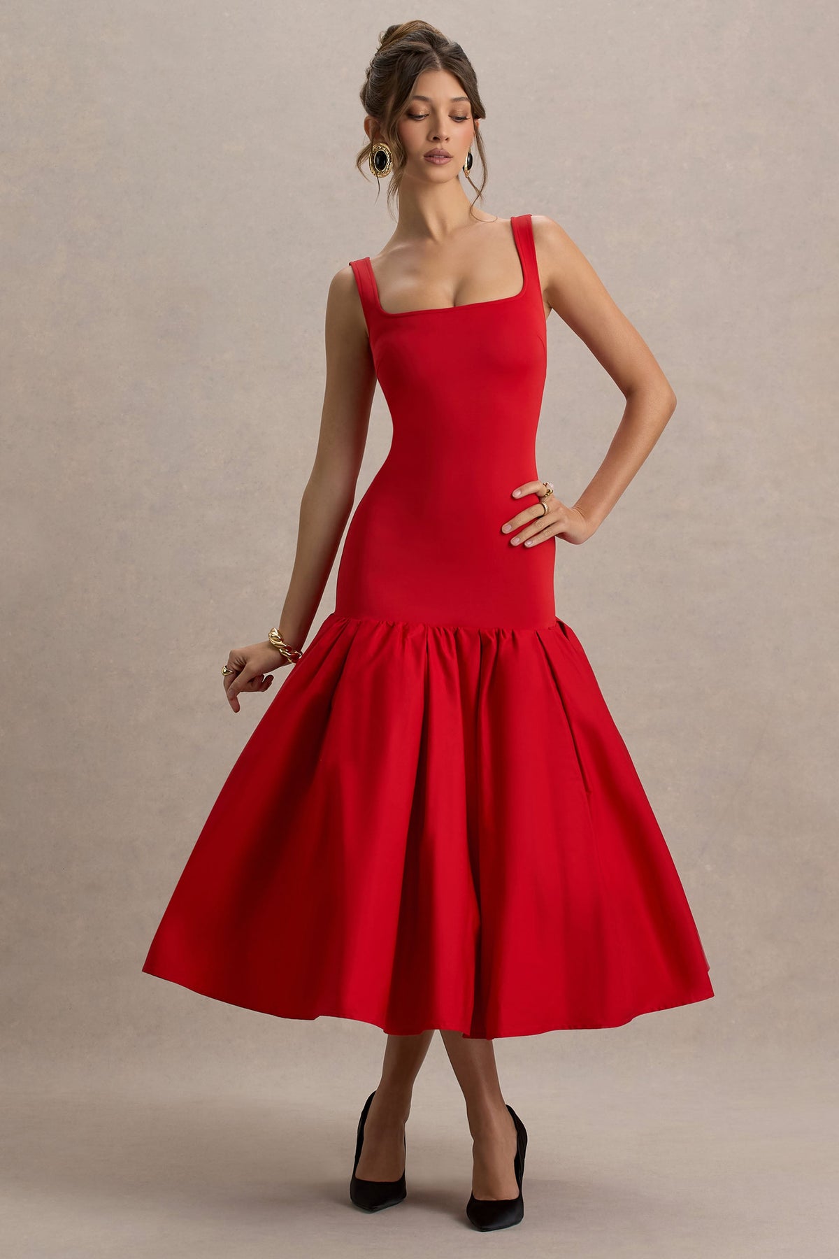 Parida | Rotes Popeline-Midikleid mit tiefer Taille und Schößchensaum
