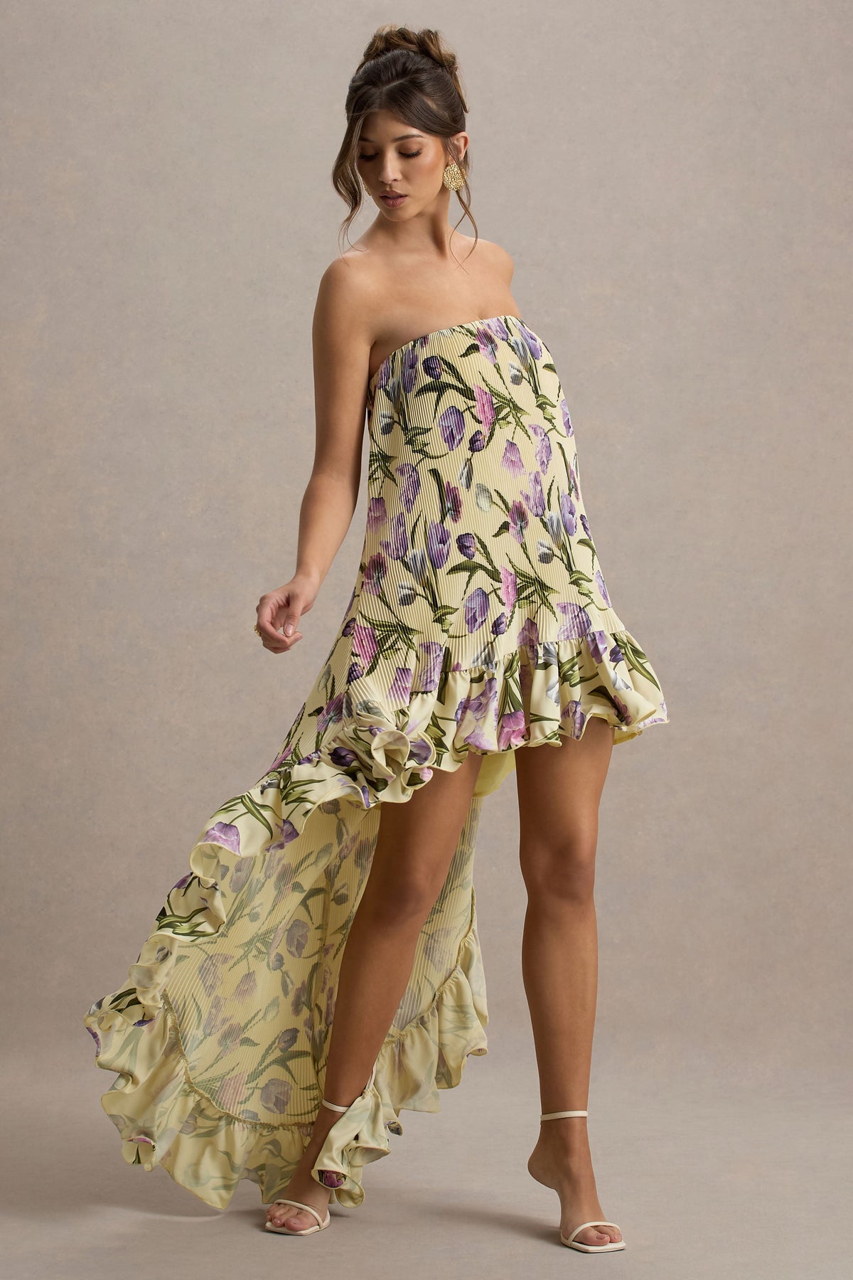 Whistler | Maxikleid aus Chiffon mit Tulpenblumenprint, Bandeau-Ausschnitt, Rüschen und High-Low-Saum