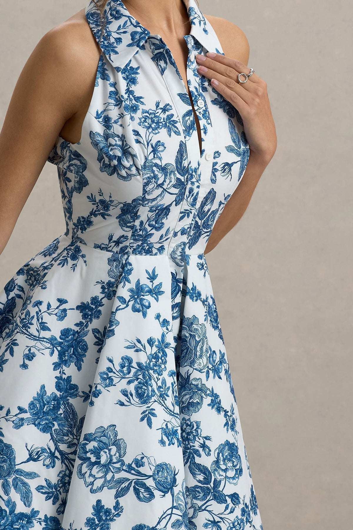 Paulie | Blaues Porzellan-Print-Popelin-Skater-Minikleid