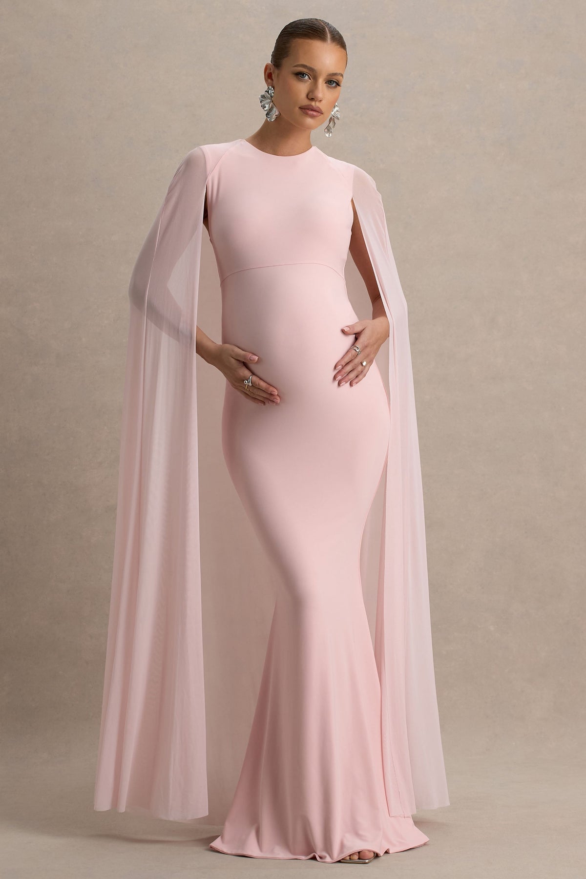 Currant | Rosafarbenes Maxikleid mit hohem Kragen und Cape