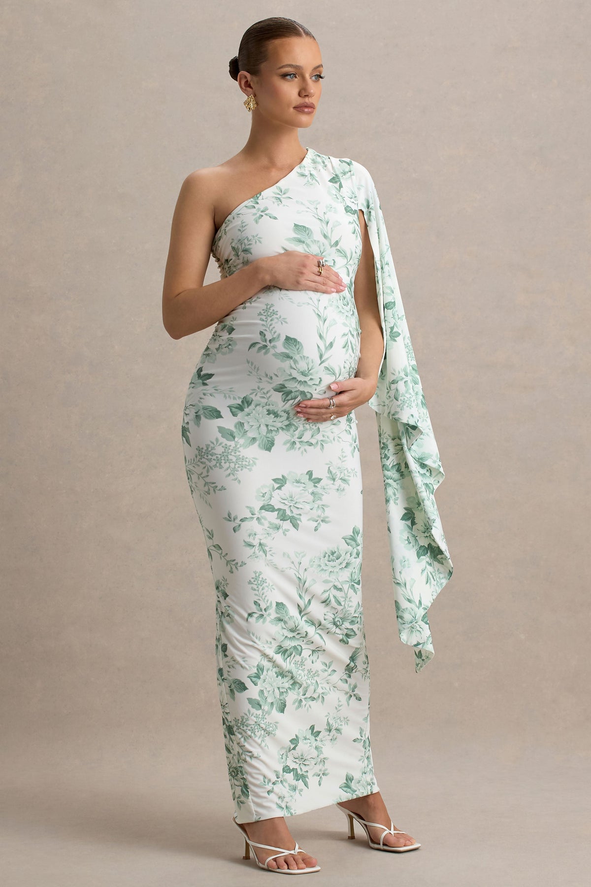 Aliana | Grünes Umstands-Maxikleid mit Rüschen und Porzellanprint