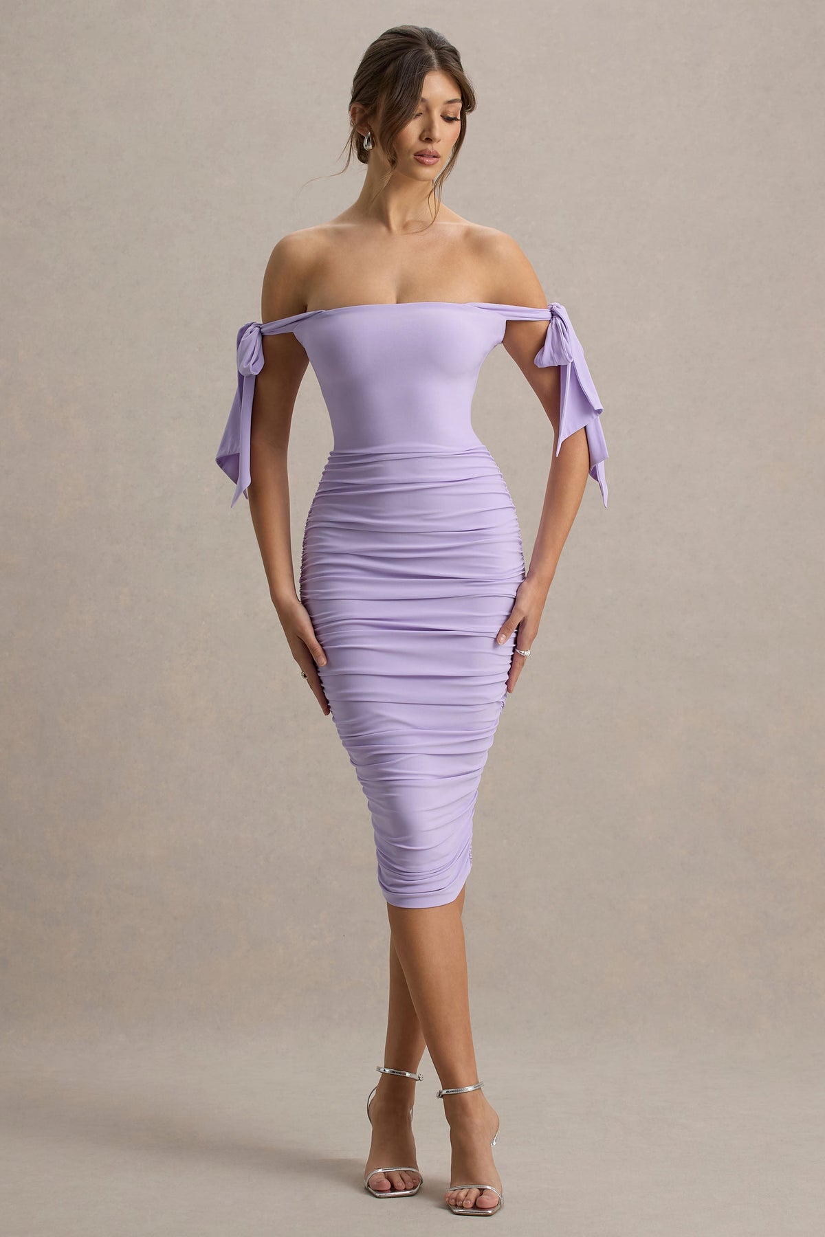 Citrus | Fliederfarbenes Bardot Bodycon Midi-Kleid mit Schleifenärmeln