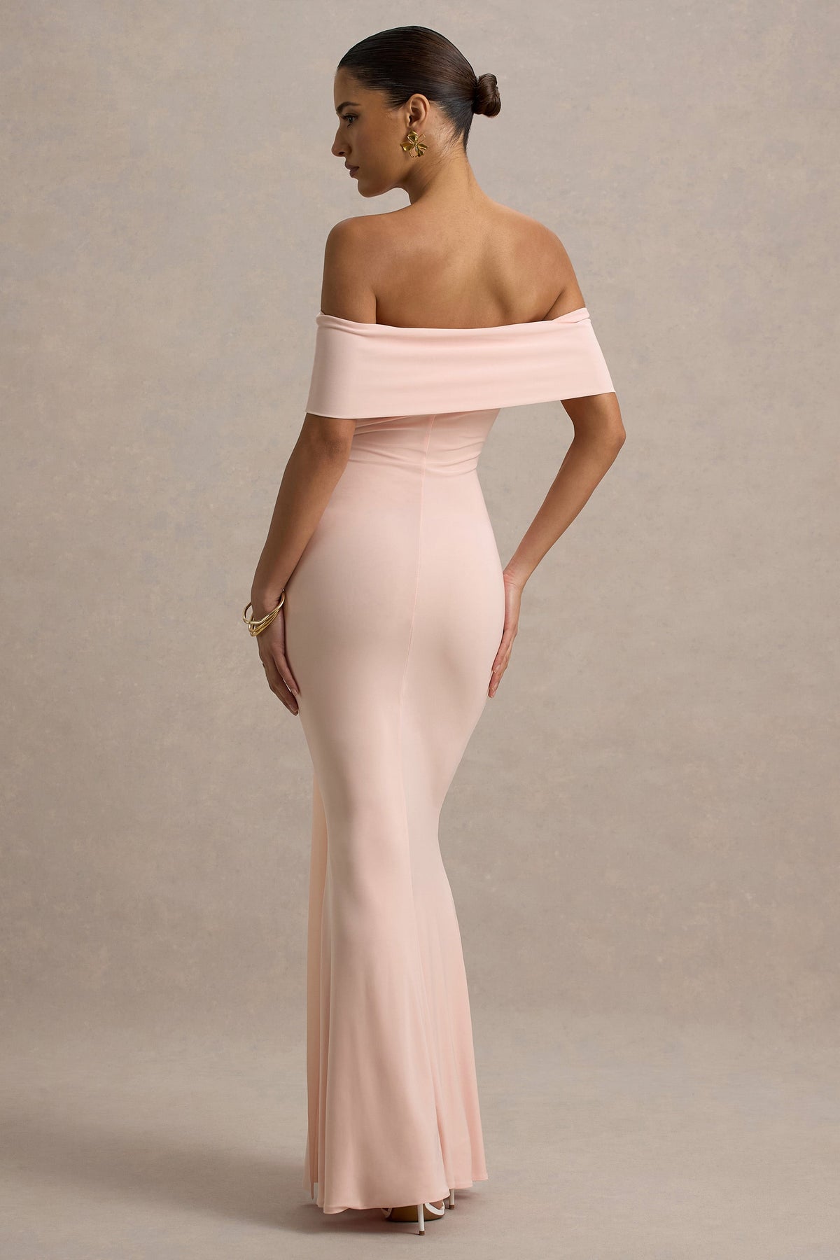 Delma | Rosa Bardot-Maxikleid mit Drapierungsdetails