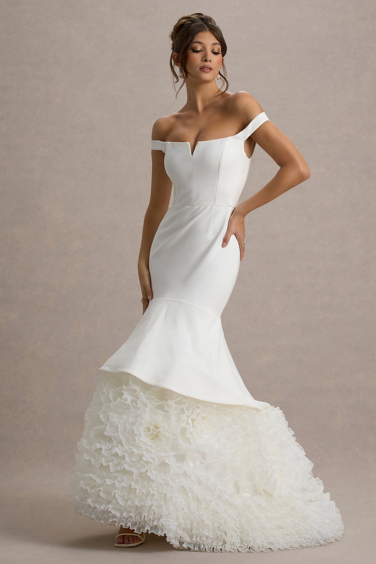 The Greatest | Weiße und cremefarbene Bardot-Maxikleid mit Tüllrock