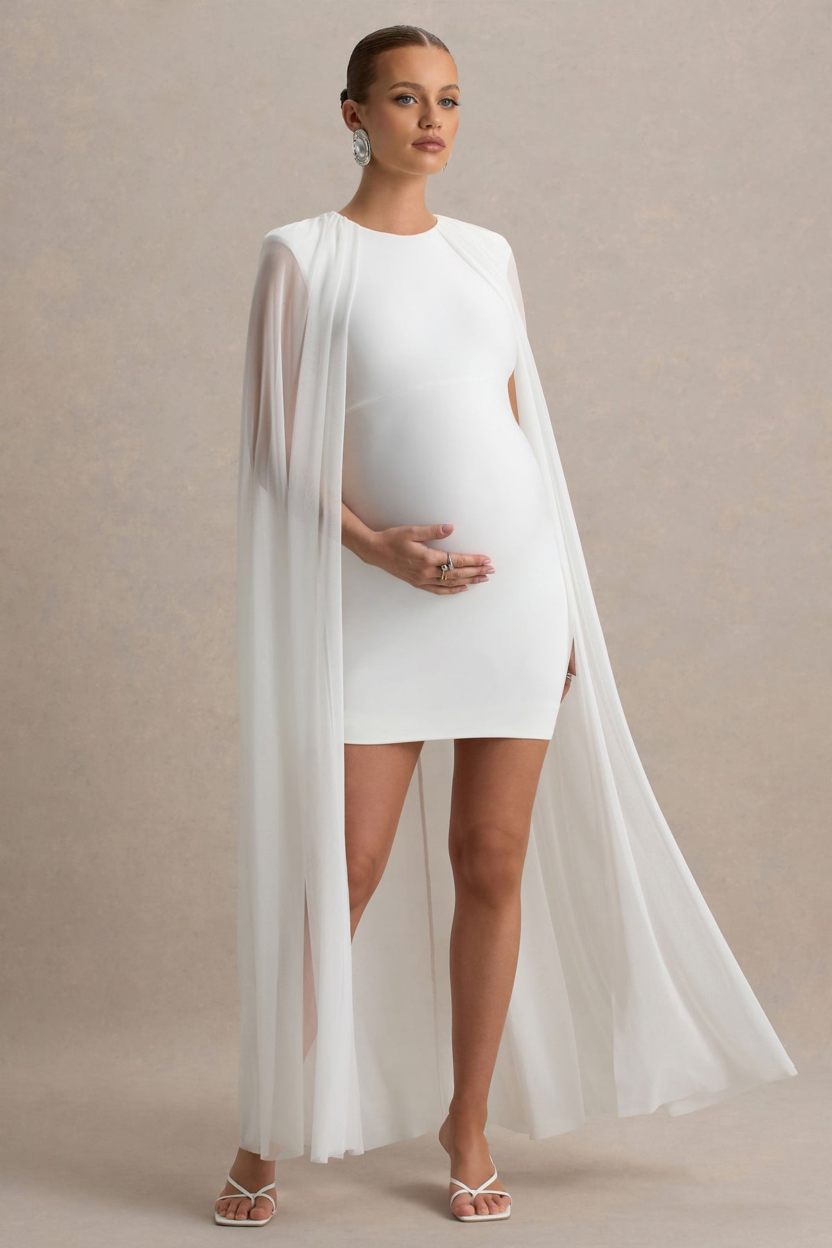 Charlene | Weißes High-Neck-Umstands-Minikleid mit Mesh-Cape