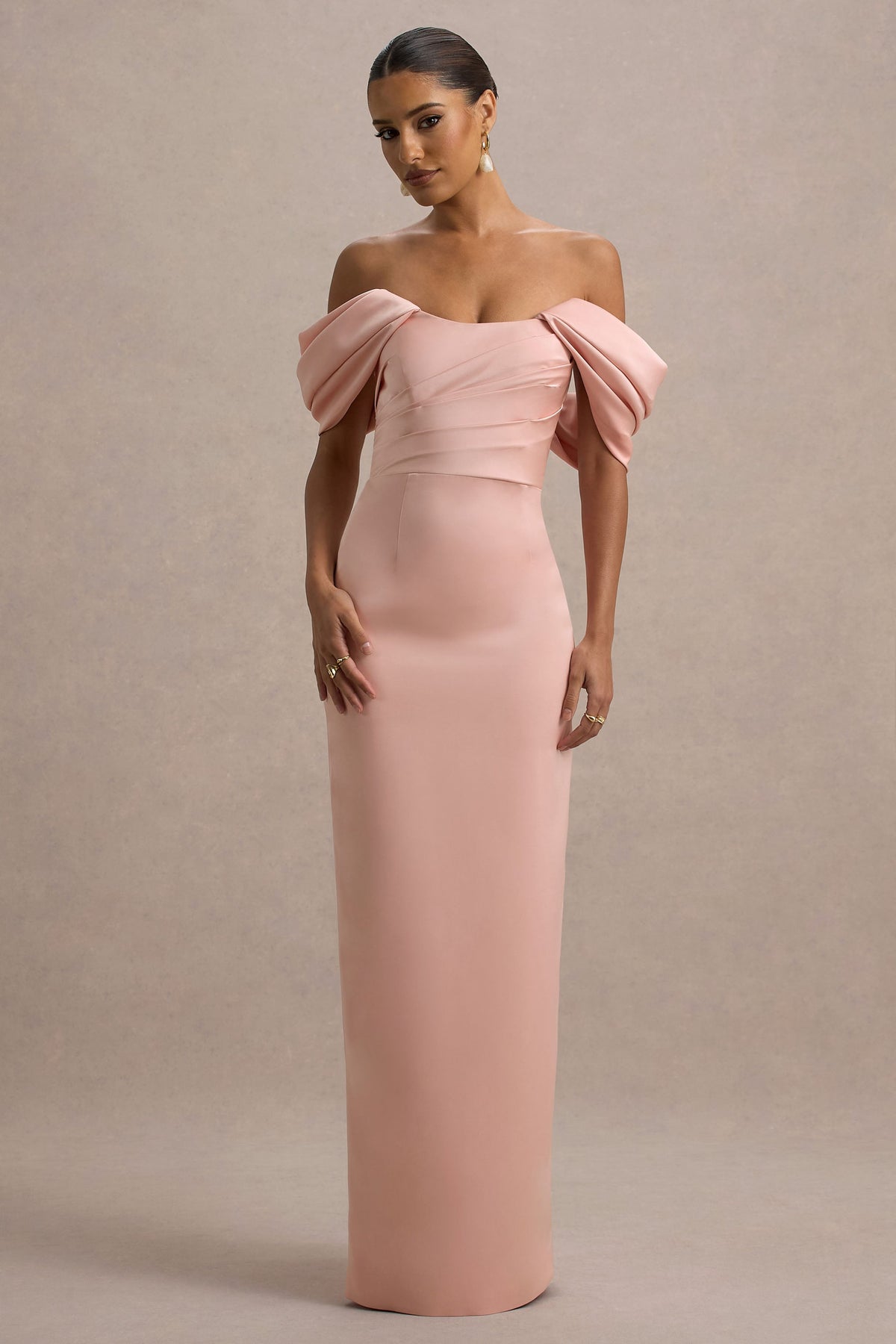 Annita | Hellrosa Satin-Bardot-Maxikleid