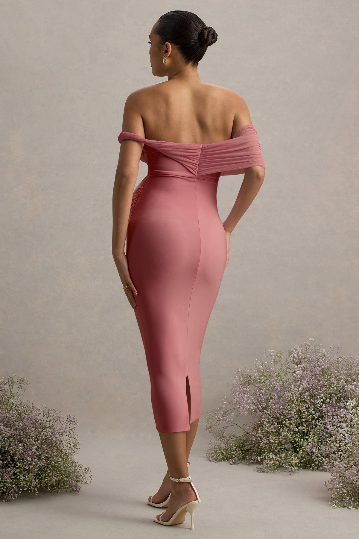 Jen | Pinkes Bardot-Umstandsmidikleid mit Twist-Detail