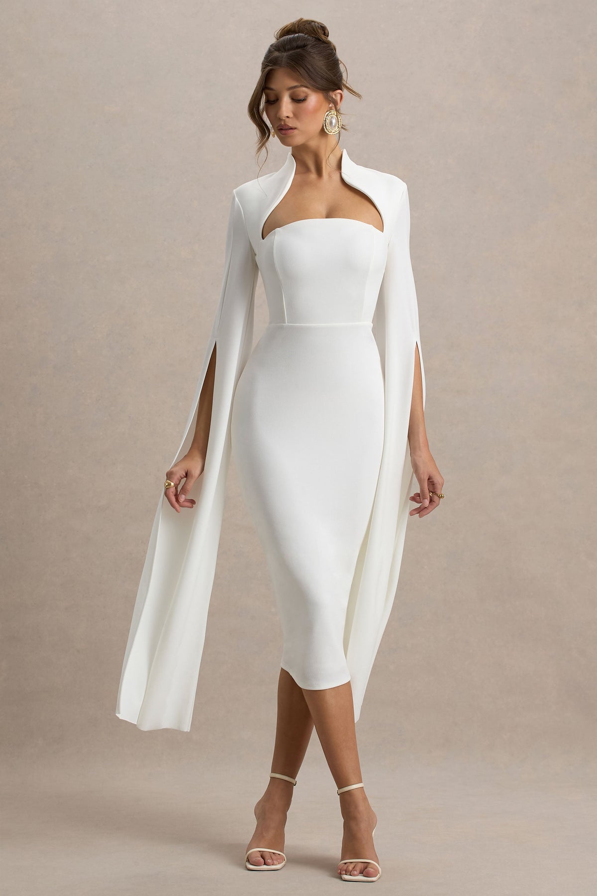 Linden | Weißes Bodycon-Midikleid mit Cape-Ärmeln