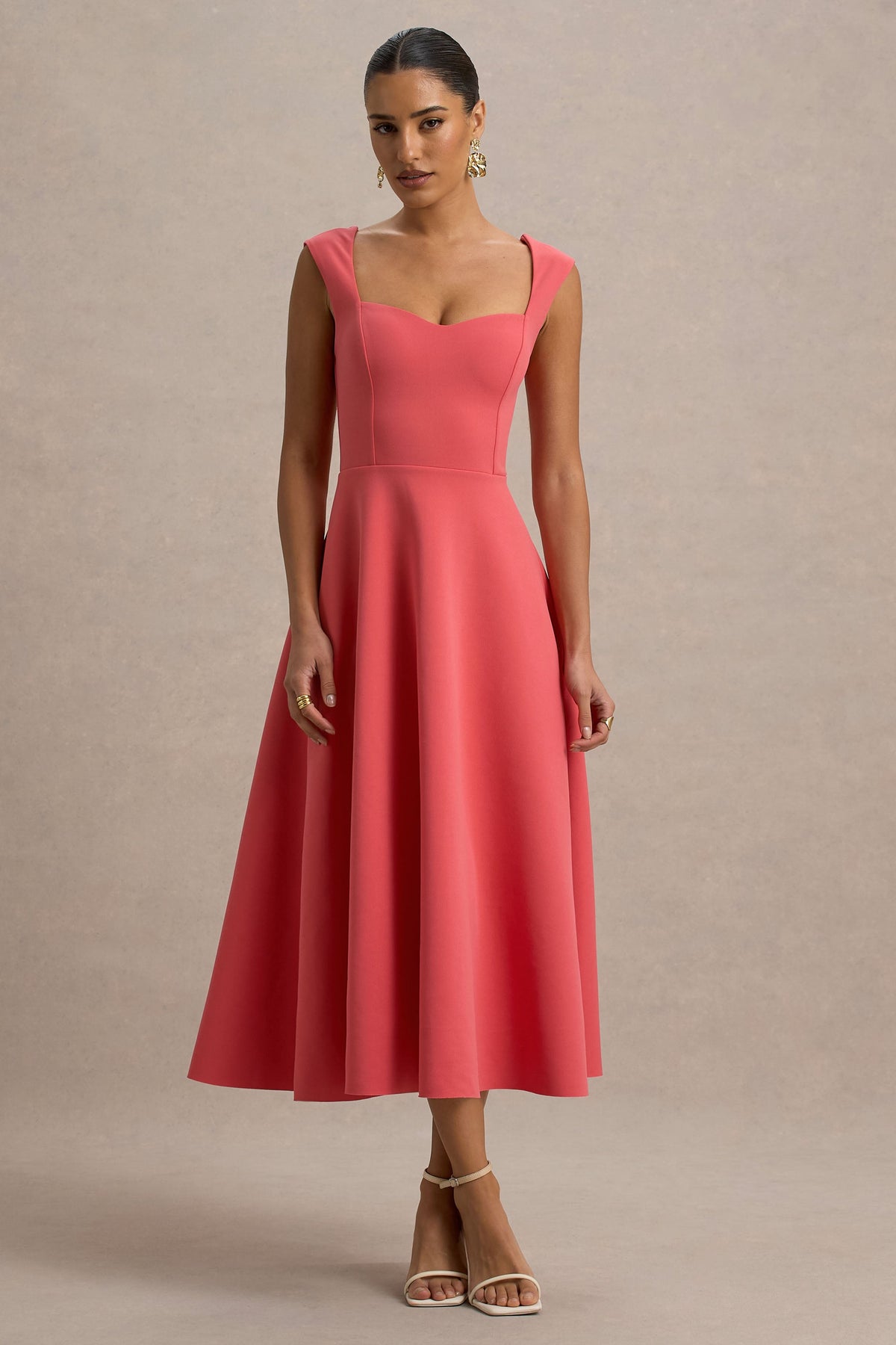 Andromeda | Coralrotes Midikleid mit Herzausschnitt