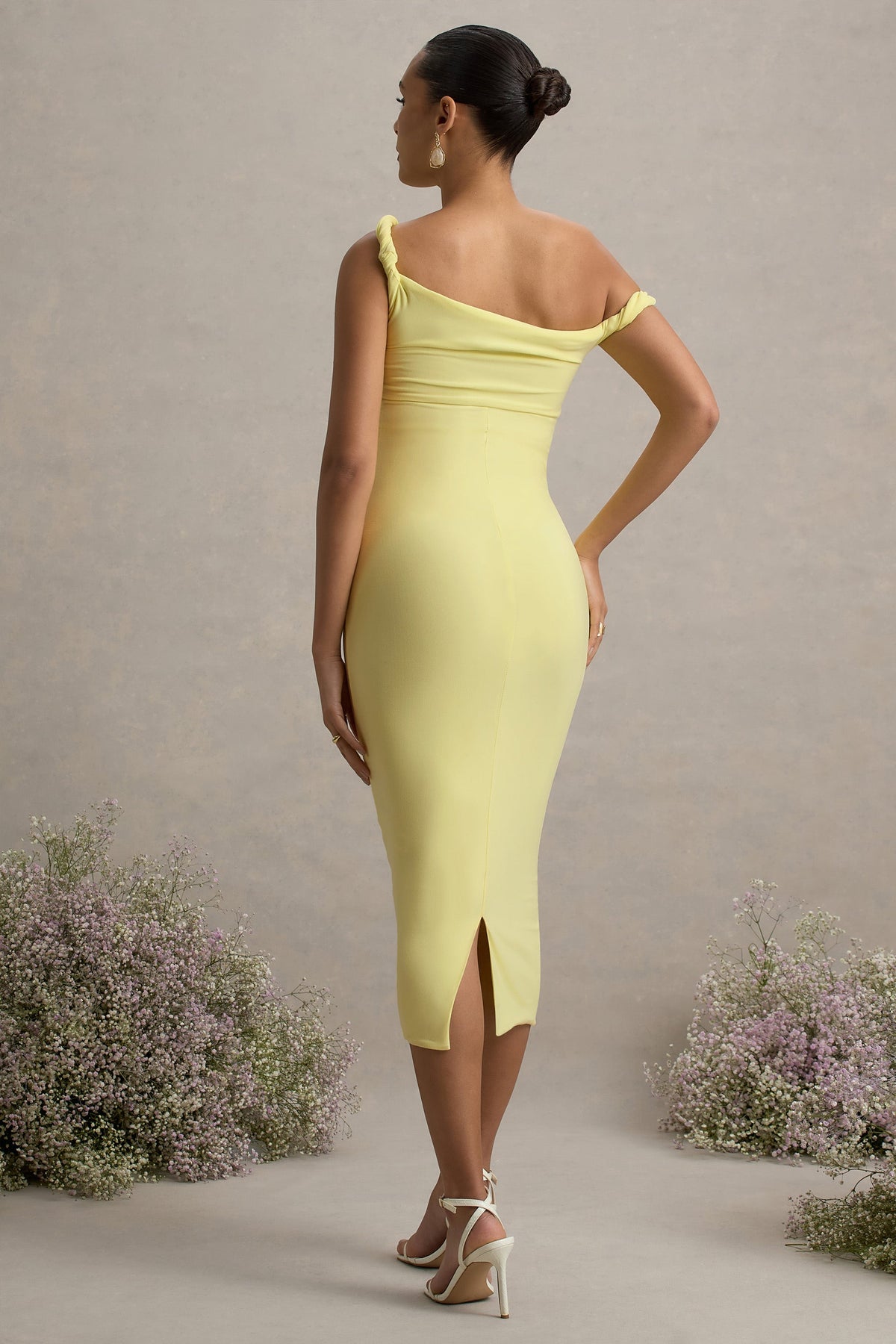Salome | Zitronengelbes, asymmetrisches Umstandsmidikleid