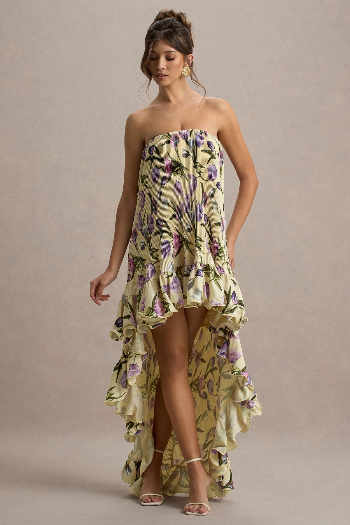 Whistler | Maxikleid aus Chiffon mit Tulpenblumenprint, Bandeau-Ausschnitt, Rüschen und High-Low-Saum
